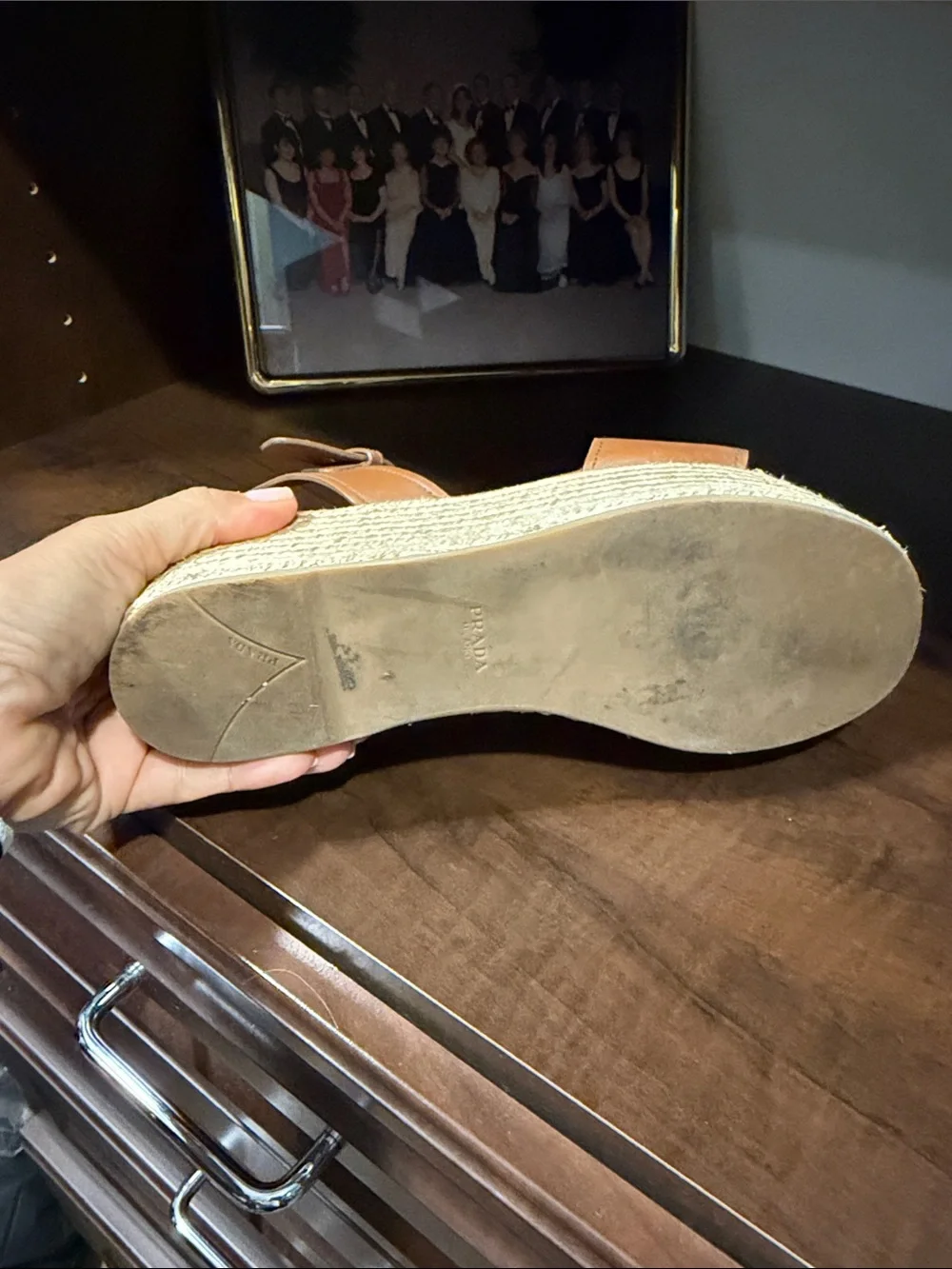 Prada Tan Leather Espadrille Wedge Sandals with Ankle Strap